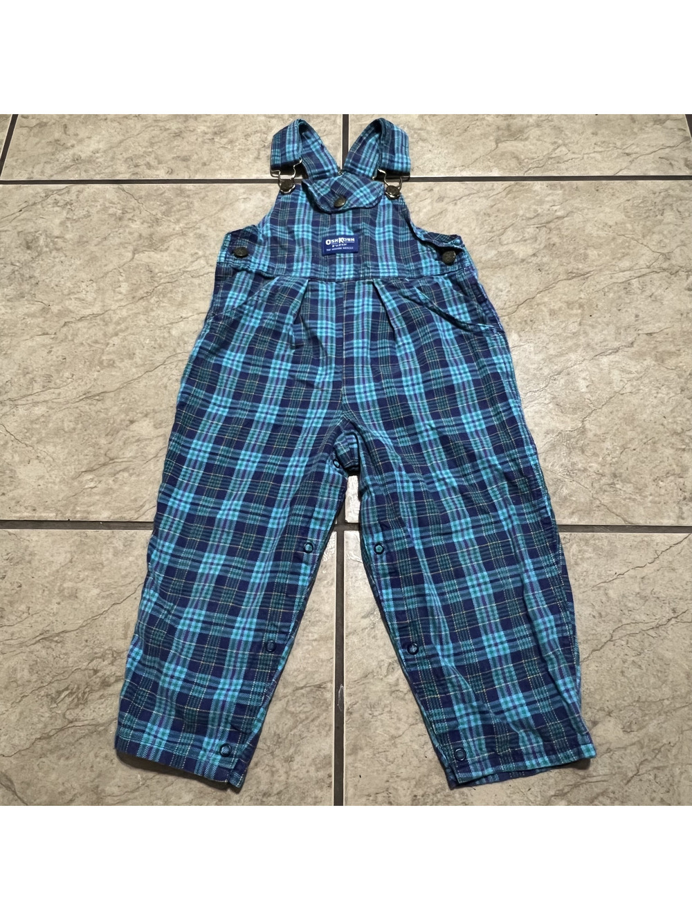 Vintage OshKosh Pleated Plaid Bib Overalls Vestback Toddler Preppy One Piece